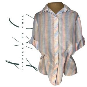 Vintage Pastel & Metallic Gold Thread Vertical Stripe Botton Down Blouse
